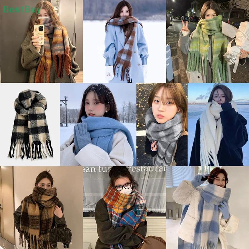 Classic Check Winter Cashmere Warm Scarf,Thick Soft Big Tassel Shawl Long Poncho