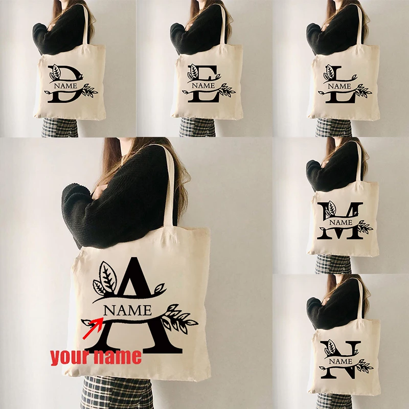 

Name Customization Letter Personalized Leaf Plant Hobby Gift Fashion Large Capacity Canvas Shoulder Travel Shopping Storage Bag