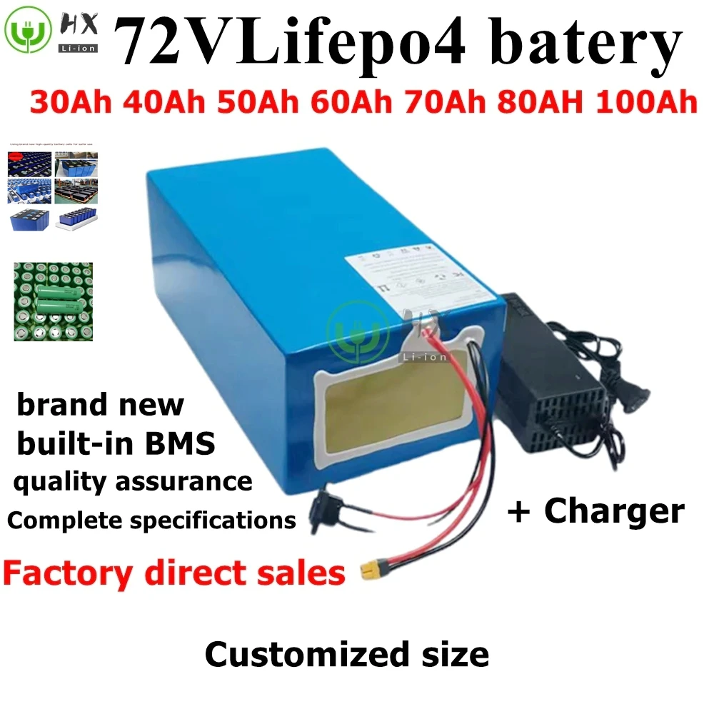 HX-Batterie au lithium LiFePO4 avec charger, , BMS, 72V, 50Ah, 60Ah, 30Ah, 72V, 40Ah, 100Ah, 80Ah, 5000W, scooter,ebike,motor.