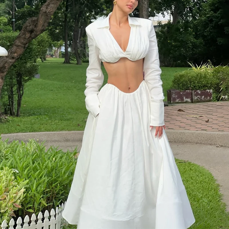 

Casual collar long sleeved ultra short top A long skirt two-piece set for spring daily high street style cool girl set