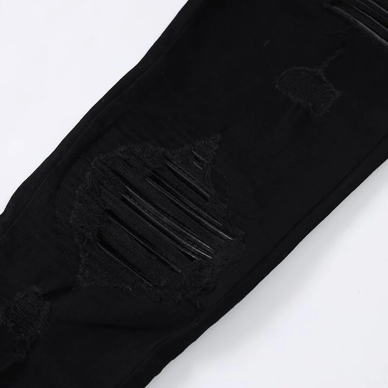 Pantalones vaqueros de diseñador a la moda para hombre, pantalones vaqueros rasgados con parches de cuero con agujeros ajustados elásticos negros de alta calidad, pantalones vaqueros de marca Hip Hop para hombre