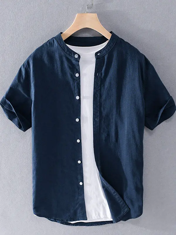Men's Linen Cotton Shirt Summer Thin Loose Casual Simple Pure White Business Casual Coat Jacket Long Sleeve Stand Collar