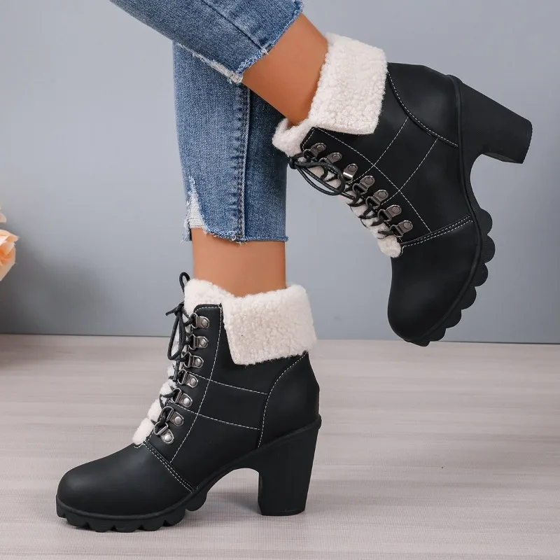 Botas con cordones delanteros para mujer, botines modernos con borde vuelto, talla grande, 2024