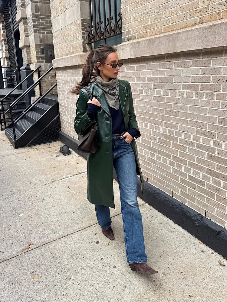 クラシックな無地ロングレザージャケット、シックなシングルブレスト、フルスリーブ、ラペルコート、春のエレガントなデイリー通勤ストリートコート、2026年新作