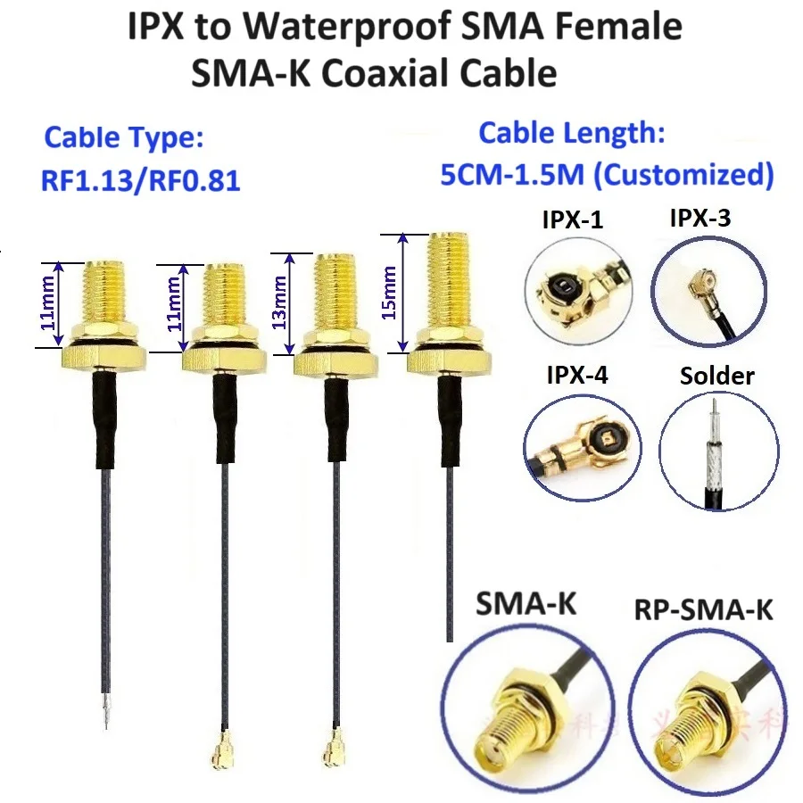 IPX-SMA IPX to Waterproof SMA Female Coaxial Cable SMA-K to IPX1 IPX3 IPX4 RF1.13 Cable 0.81 Solder Joint to SMA Pigtail Jumper