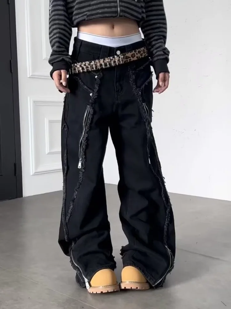 2026 Cyber Y2K Streetwear Zipper Design Black Baggy Women's Stacked Jeans Pants For Woman Clothing Wide Leg Gothic Long Trousers