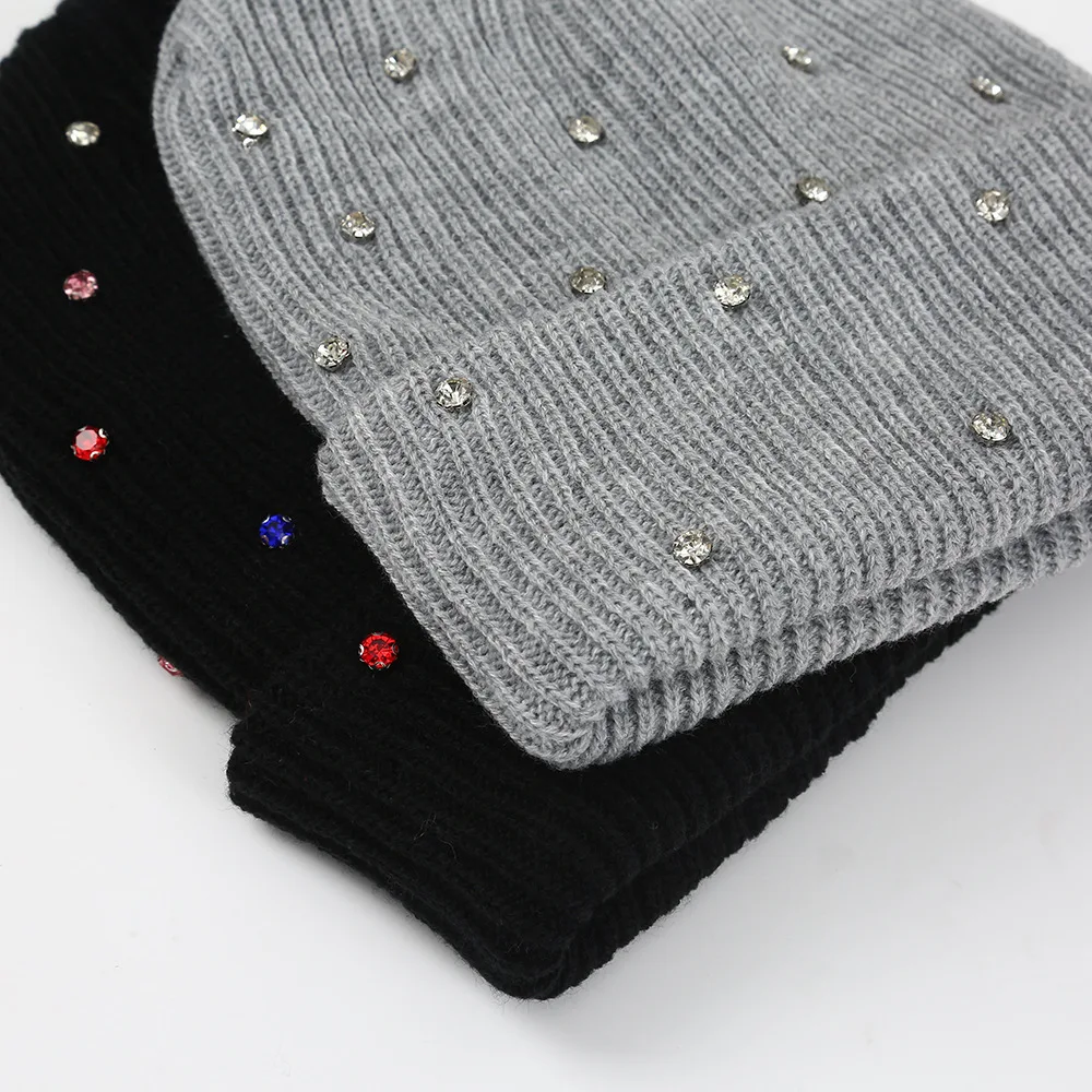 1pc Unisex Colorful Rhinestone Knit Beanie Hat Sparkly Crystal Diamond Cuffed Winter Warm Fashion Party Festival Skull Caps