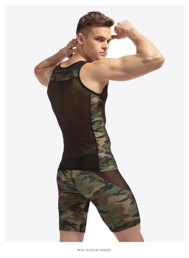 Conjuntos de pantalones cortos de malla ajustados para hombre, pijamas sexys, pantalones cortos Casaul transparentes, conjuntos de tirantes sin mangas con cuello en U, conjuntos de pantalones cortos LFZD