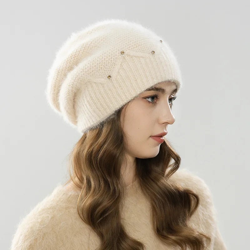 الأنجورا قبعة المرأة الشتاء متماسكة قبعة حجر الراين طبقات مزدوجة عارضة الدافئة التبعي للخريف في الهواء الطلق الرياضة الطقس البارد