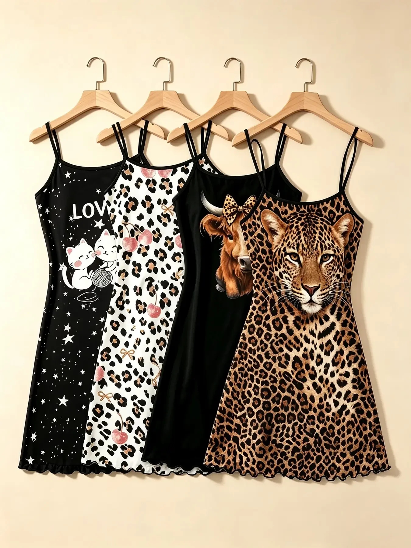 Women's Sleepwear 4 Piece Bundle Y2K Edgy Aesthetic Leopard Print Summer Western Grunge Style Spaghetti Strap, Sleeveless Lettuce Ruffle Hem Contrast Trim Breathable Lightweight Fabric Cami Nightdress Lounge Wear, Loungewear Nightdress