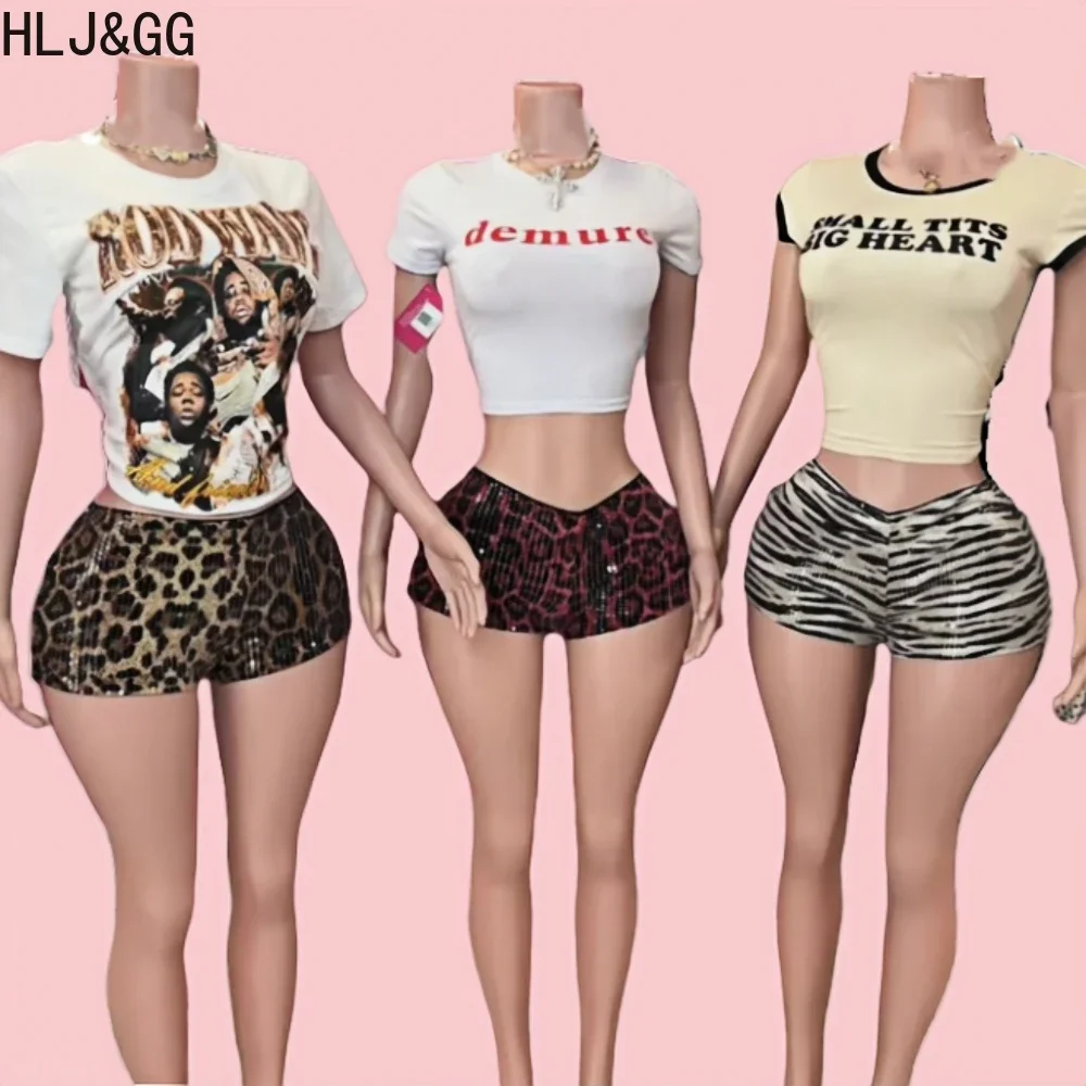 

HLJ&GG Y2K American Vintage Streetwear Women Letter O Neck Short Sleeve Tshirts And Sequin Leopard Shorts Two Piece Sets Outfits