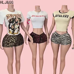 HLJ&GG Y2K American Vintage Streetwear Women Letter O Neck Short Sleeve Tshirts And Sequin Leopard Shorts Two Piece Sets Outfits