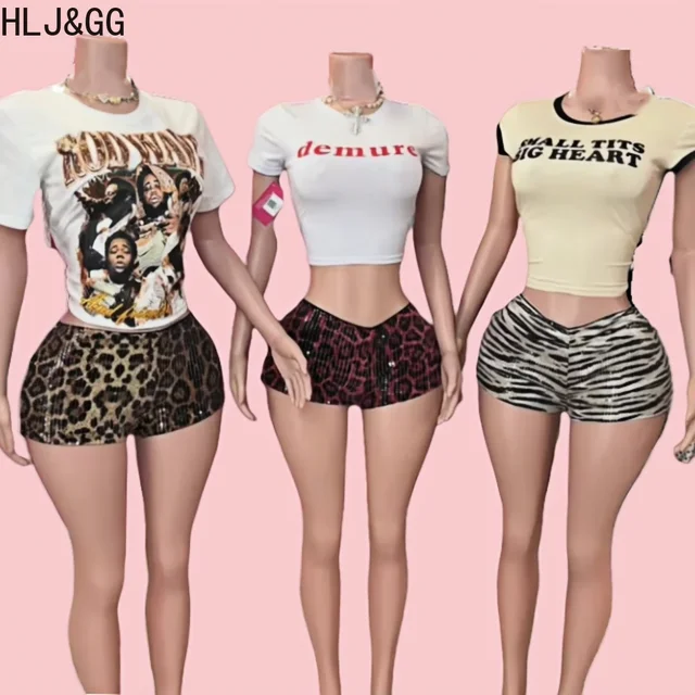 HLJ&GG Y2K American Vintage Streetwear Women Letter O Neck Short Sleeve Tshirts And Sequin Leopard Shorts Two Piece Sets Outfits