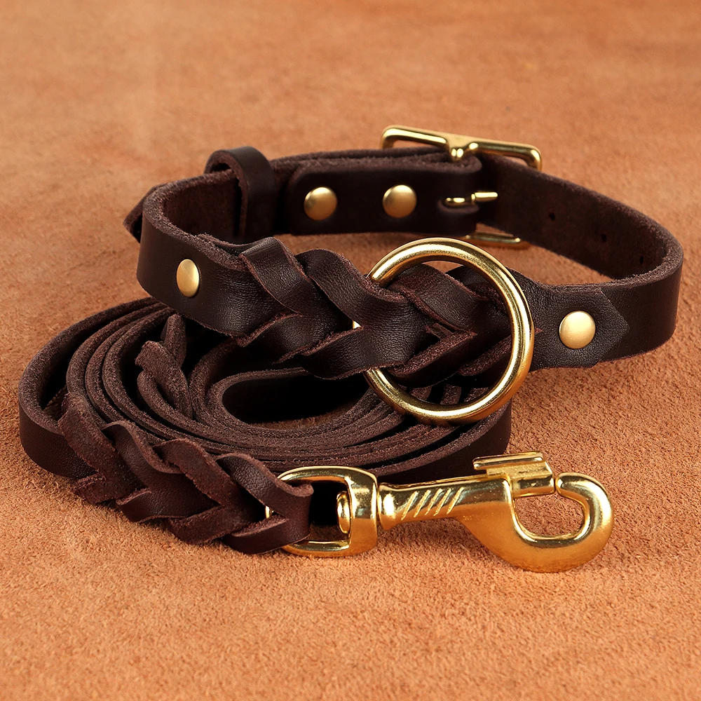 Soft Real Leather Dog Collar and Leash Set Adjustable Braided Dogs Collars 150cm Lead Rope for Medium Large Dogs German Shepherd