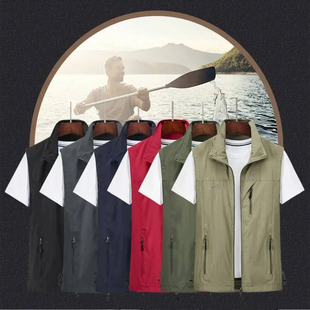 เสื้อกั๊กผู้ชายลำลองสำหรับฤดูใบไม้ผลิและฤดูร้อน สีพื้น มีกระเป๋า ซิป ซับในตาข่าย ระบายอากาศ เหมาะสำหรับตกปลา