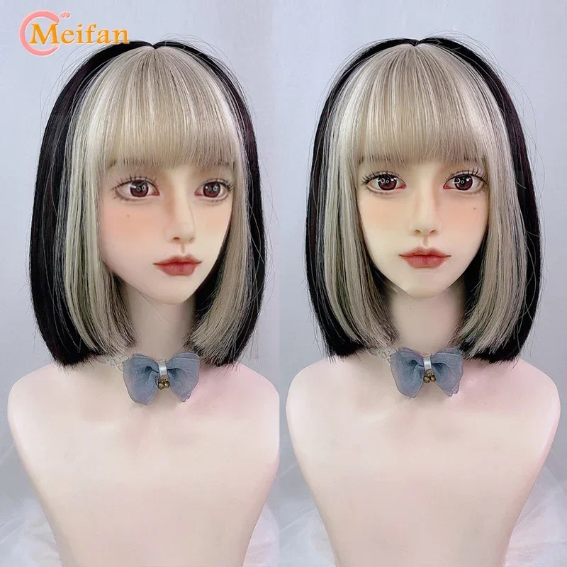 Meifan الاصطناعية الأخضر الأسود الأرجواني منتصف طول شعر مستعار مستقيم لوليتا الباروكات تأثيري الباروكات مقاومة للحرارة الشعر أنيمي حزب الشعر