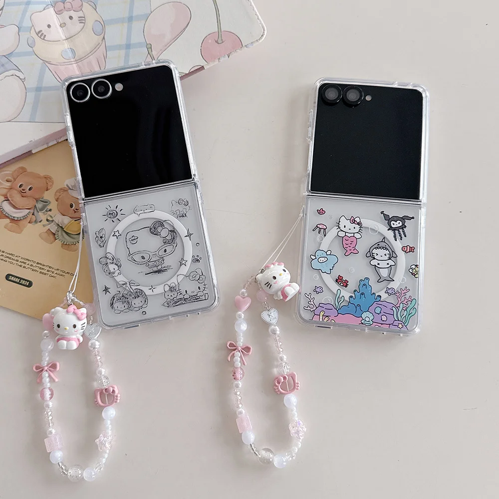 Sweet Cartoon Magnetic Ring Phone Case for Samsung Galaxy Z Flip7 Flip8 Cover With Bow Pearl Beaded Hand Strap Flip Shell