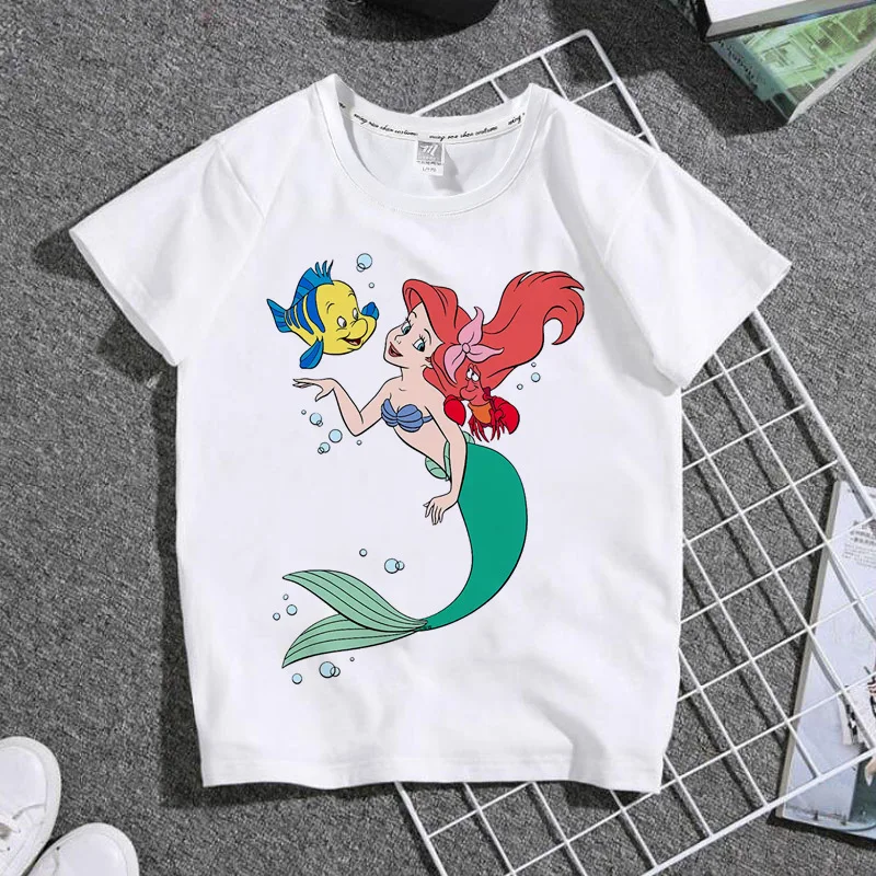 Disney Mermaid Princess Print Kids T-Shirt 2024 Cute Cartoon Summer Cotton Short Sleeve New Comfortable High Quality Top Fashion