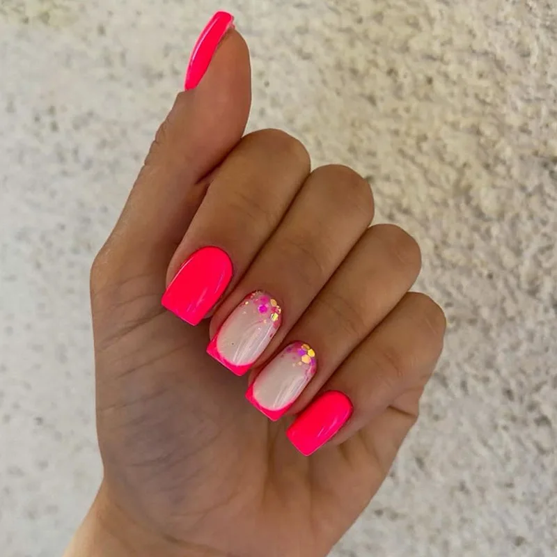 

24pcs French Press-On Nails - Solid Magenta With Glitter Ombré Tips Medium Ballet Shape Ins-Luxe Style