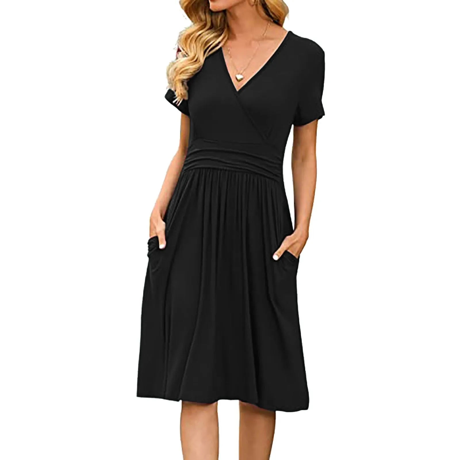 

Elegant Summer Women Dress Short Sleeve V-Neck Pleated Midi Dresses With Pockets Solid Color Temperament Femme Dress Vestidos