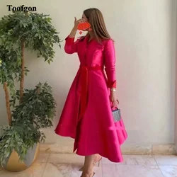 Toofgon A Line Satin Midi Prom Dresses Women Special Outfits Long Sleeves Buttons Formal Party Gowns Evening Dress Customized