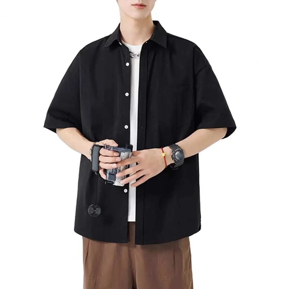 เสื้อผู้ชายคอกระเป๋า Casual Beach แขนสั้นสีทึบชายเสื้อยืด Vintage Streetwear Beach หลวม Top