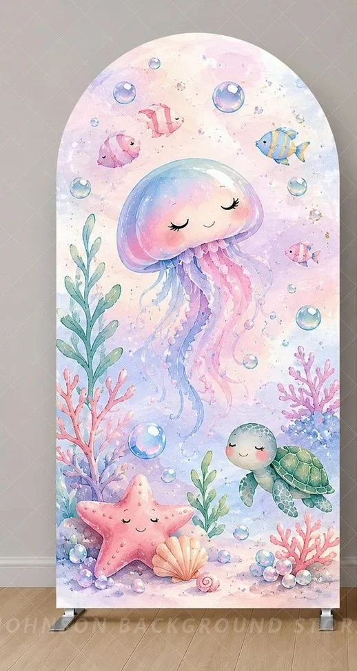 Pastel Jellyfish Under the Sea fish Arch Backdrop Ocean Birthday Party Background Mermaid Sea Life Baby Shower Decor