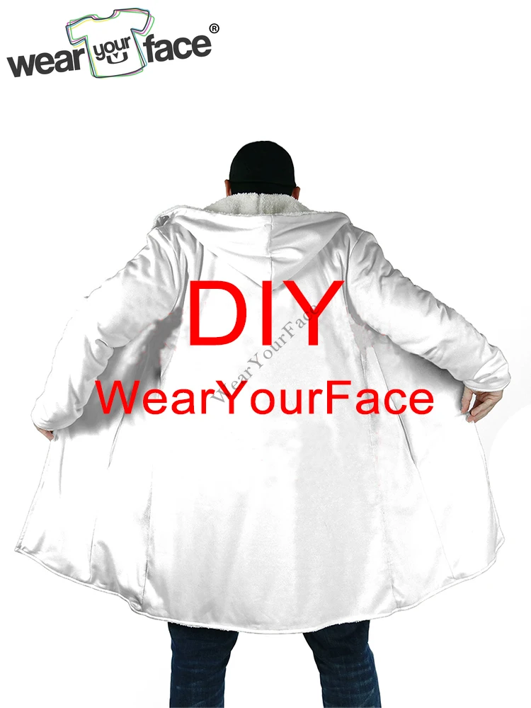 DIY Customize 3D Printed Fleece Wind Breaker Hooded Cloak Winter Casual Winter Thick Warm Men Clothing