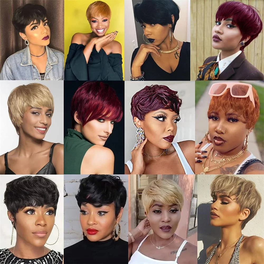 Krótkie blond peruki z ludzkich włosów typu Pixie Cut Remy, proste, naturalne, wykonane maszynowo, kolorowe 350# Peruka Bob z grzywką