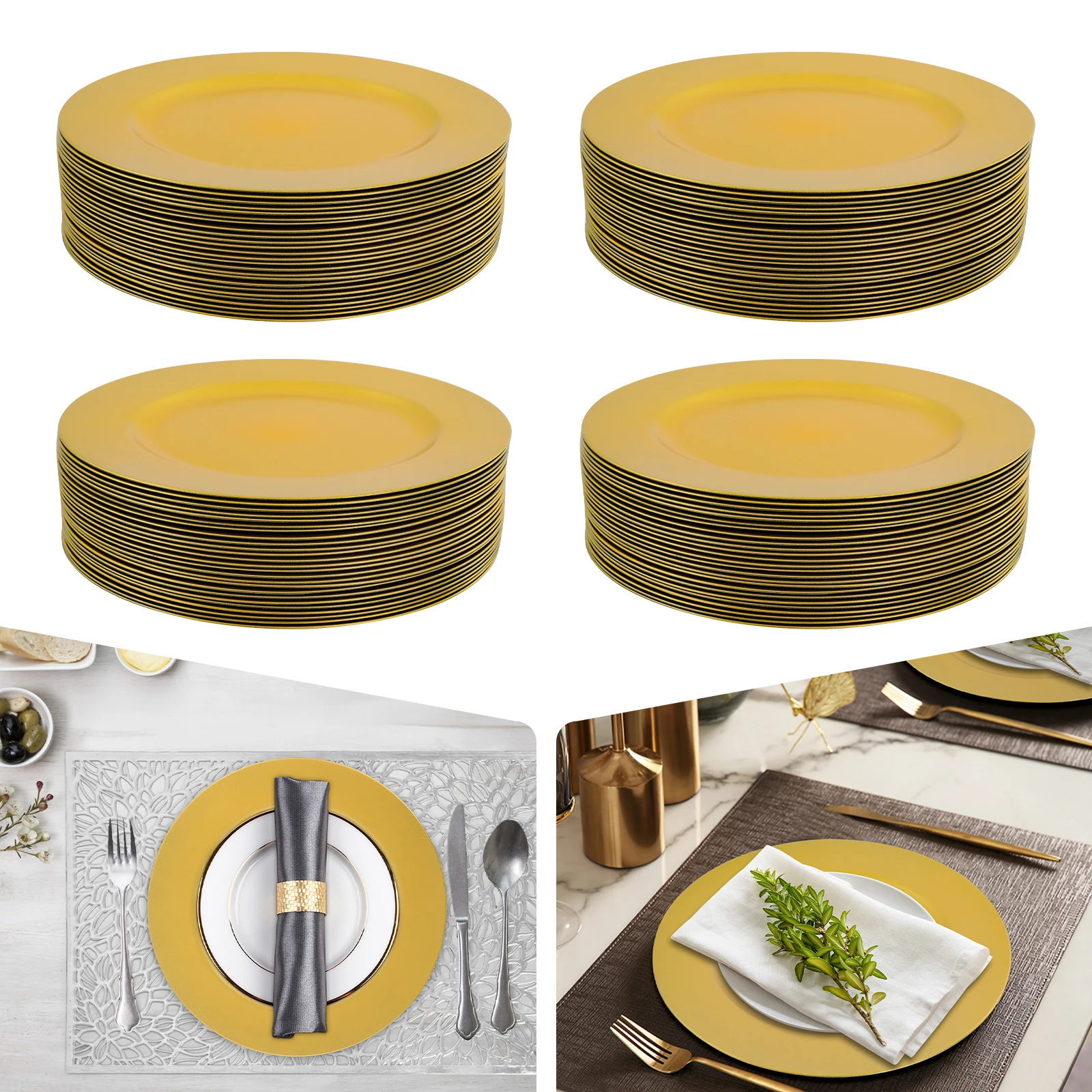 

100 Pcs Charger Plates Set Gold Round PP Chargers Dinner Plate Wedding Decoration for Table Setting Wedding Party Baby Shower