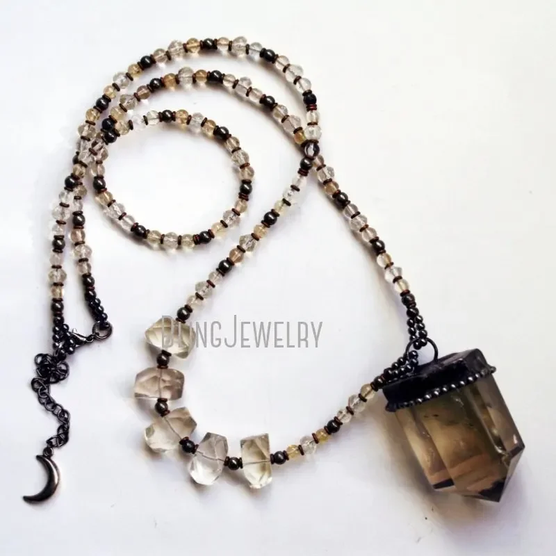 Smoky Quartz Tower Citrine Crystal Talisman Long Layered Necklace Women Witchcraft Goth Gothic Boho Pendulum Obelisk Emo Jewelry