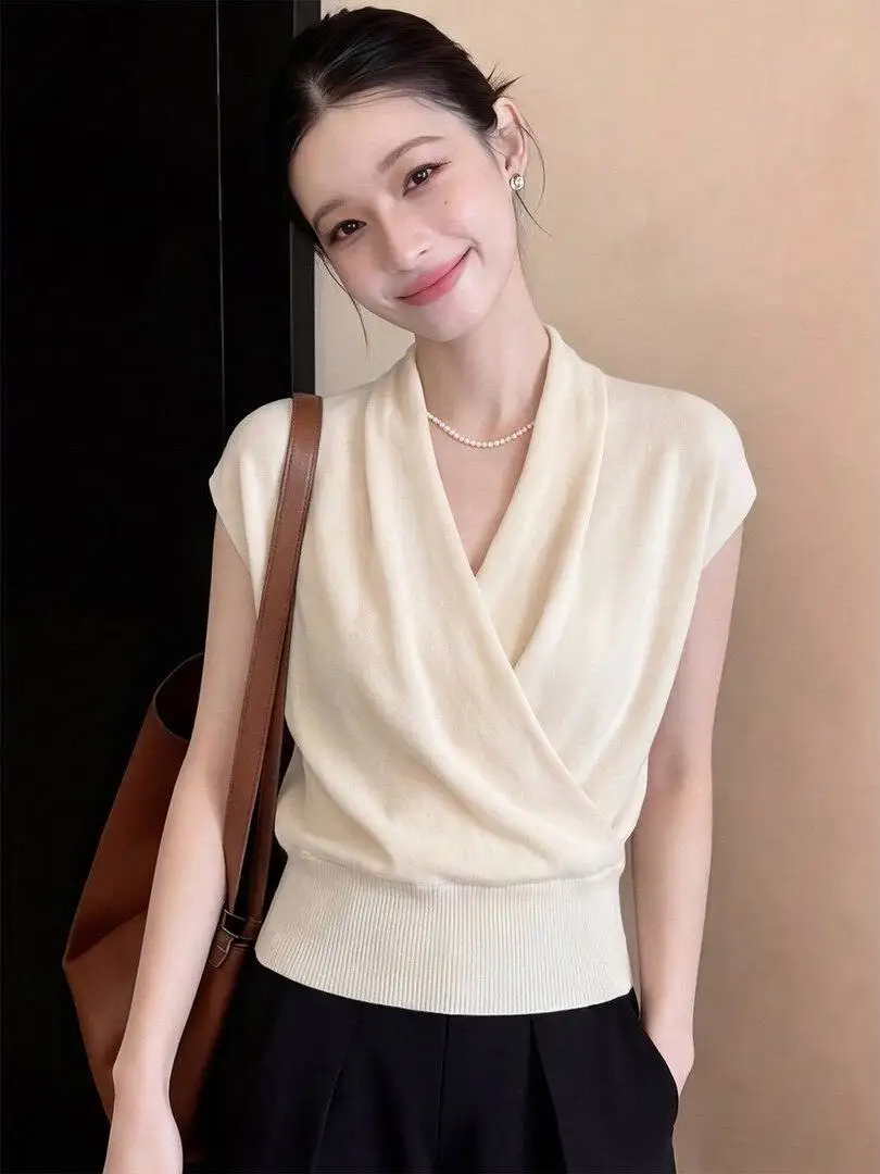 Summer Thin Ice Silk Knitted Short Sleeve T-Shirt Women's V-Neck Irregular Cross Design Breathable Comfortable Korean Style Top