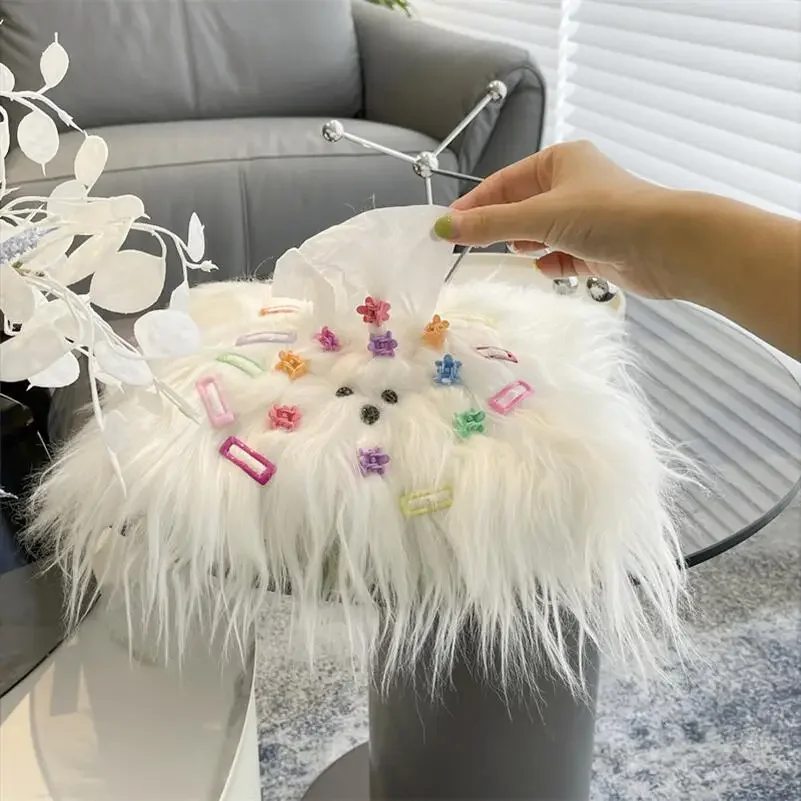 Cute Long-haired Dog Fluffy Tissue Box Heart Knitting Thread Napkin Holder Tissue Bag Bedroom Kitchen Desktop Storage Napkins