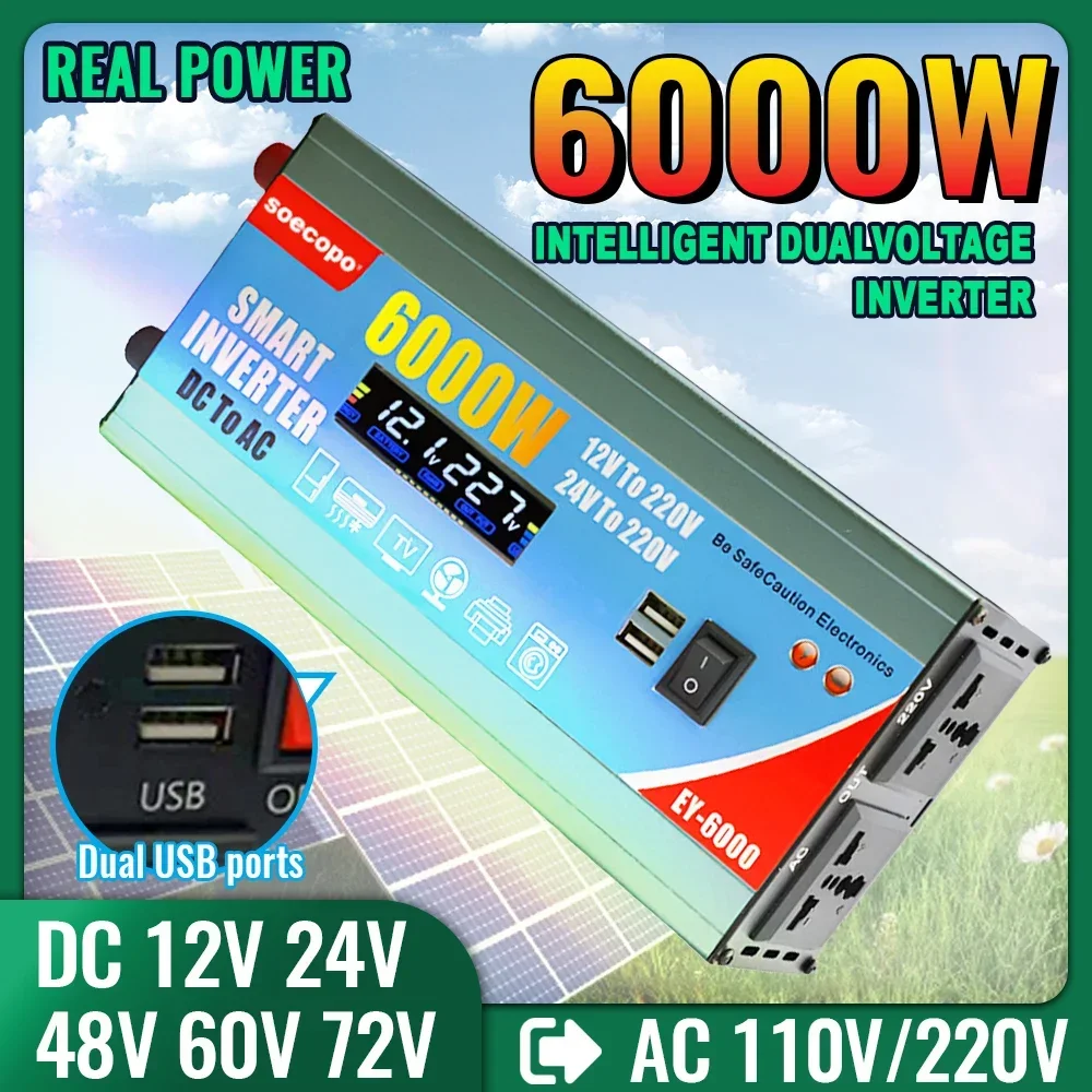 Dual Voltage Power Inverter 6000W 12V 24V 48V 60V 72V to 110V 220V Solar Battery LCD Display Dual USB Alligator Clip Multiple Pr