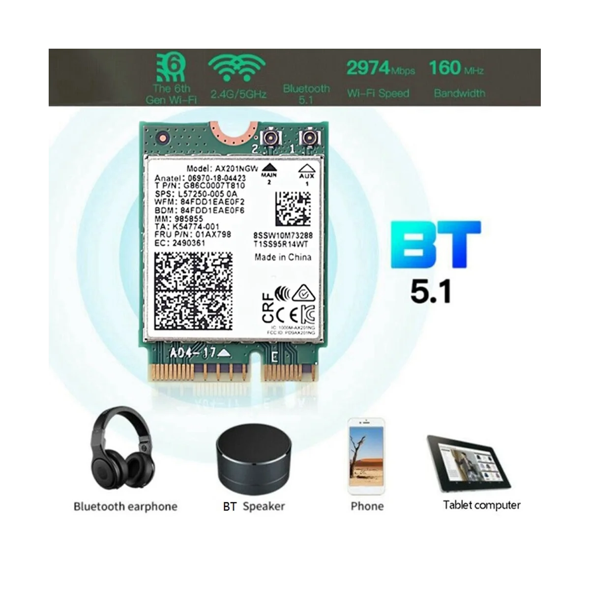 AX201 AX201NGW WiFi Card with 2XAntenna M.2 CNVio2 2.4 Ghz/5Ghz WiFi 6 3000Mbps Bluetooth 5.1 WiFi Adapter for Win10