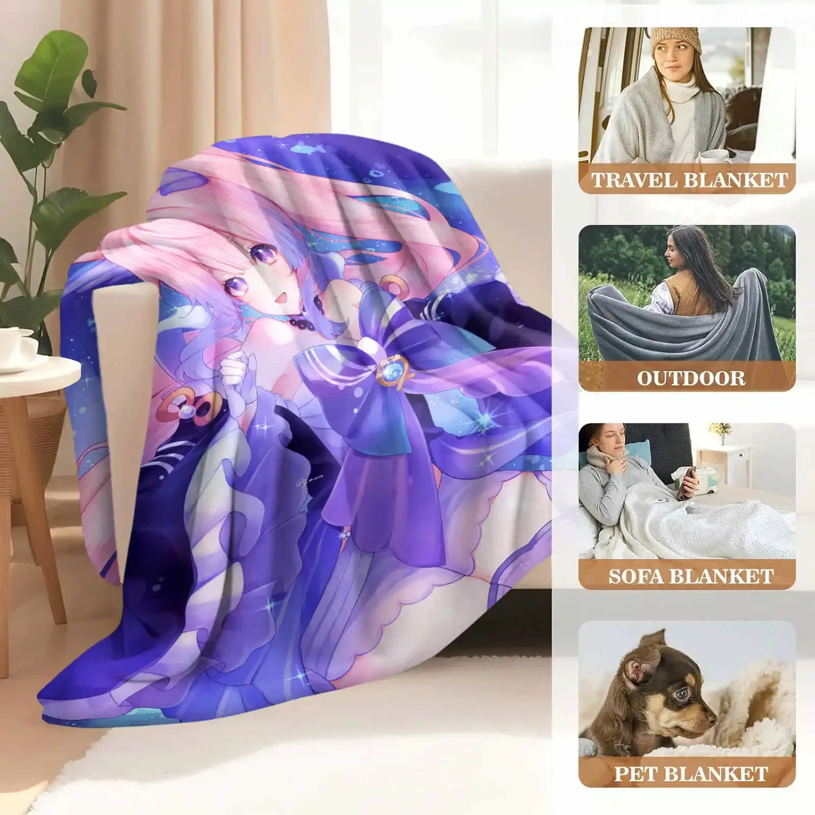 Genshin Impact Sangonomiya Kokomi Throw Blanket for Home Bedroom Bed Sofa Picnic Cover Kid Gift