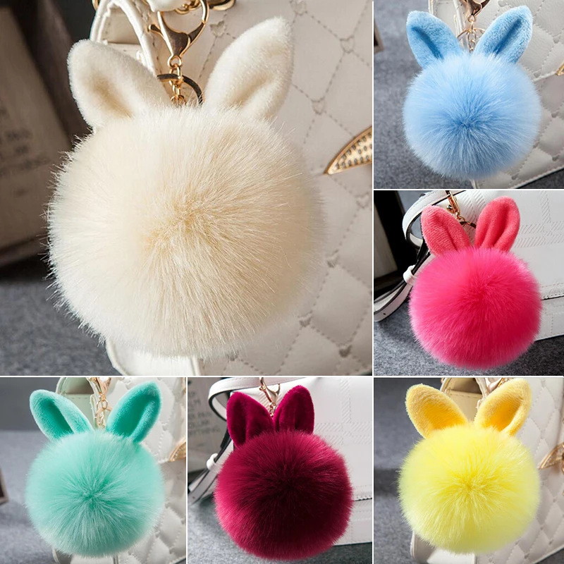 Women Fluffy Toys Bunny Ear Key Chain Faux Fur Rabbit Ears Keychain Bag Charms Keyring Car Pendant Holder Jewelry Gifts