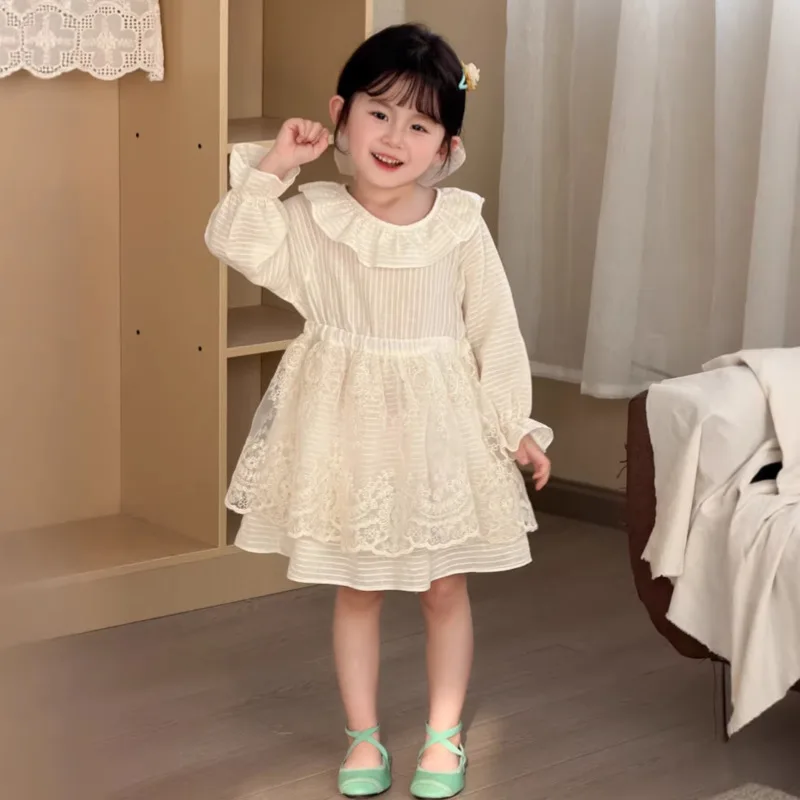 2026 Spring Autumn White Cotton Wheat Field Season New Girl Patchwork Lace Dress Children Sweet Cute Princess 2-12 Year Toddler