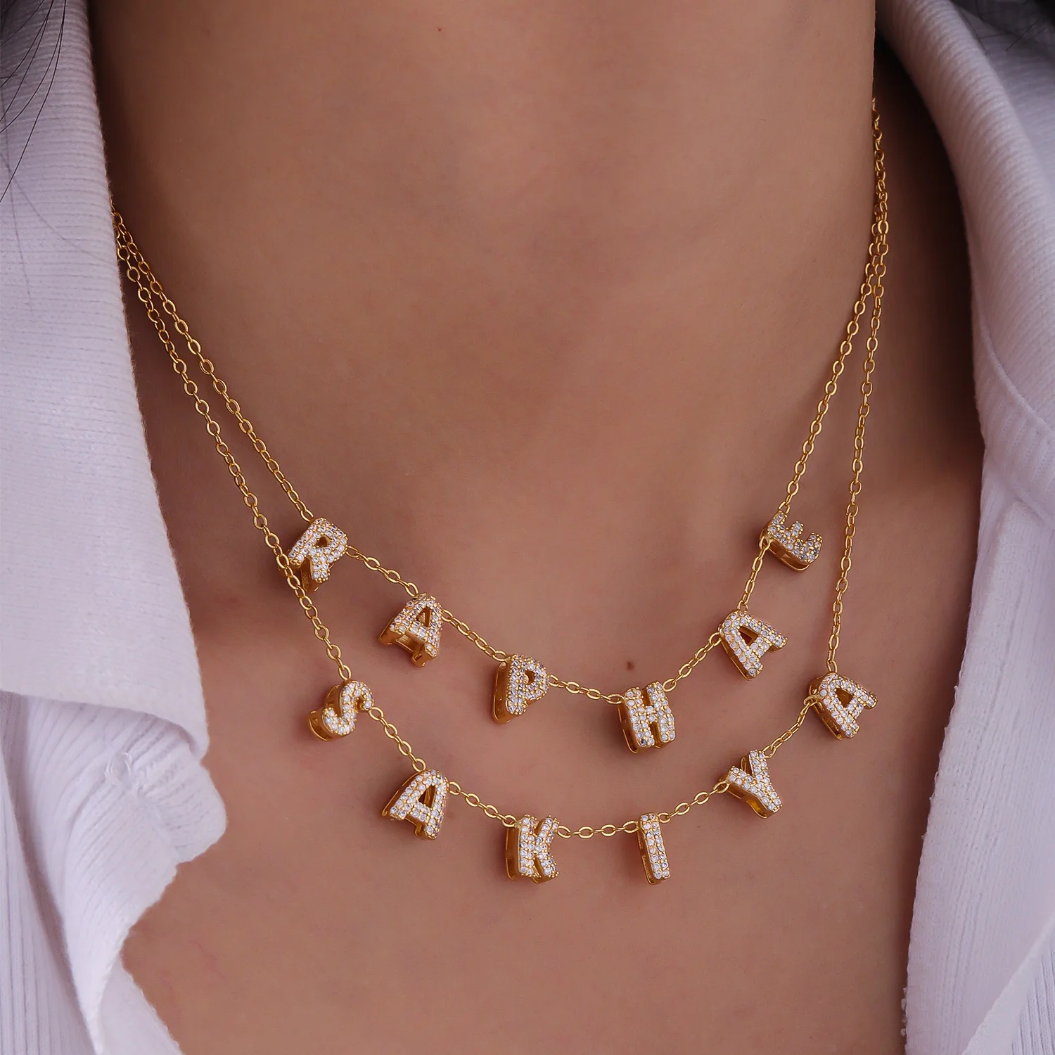 Qitian Personalized Name Necklace With Zircon Custom Initial letter Iced Out 3D Bubble Diamond Letters Pendant For Woman Gift