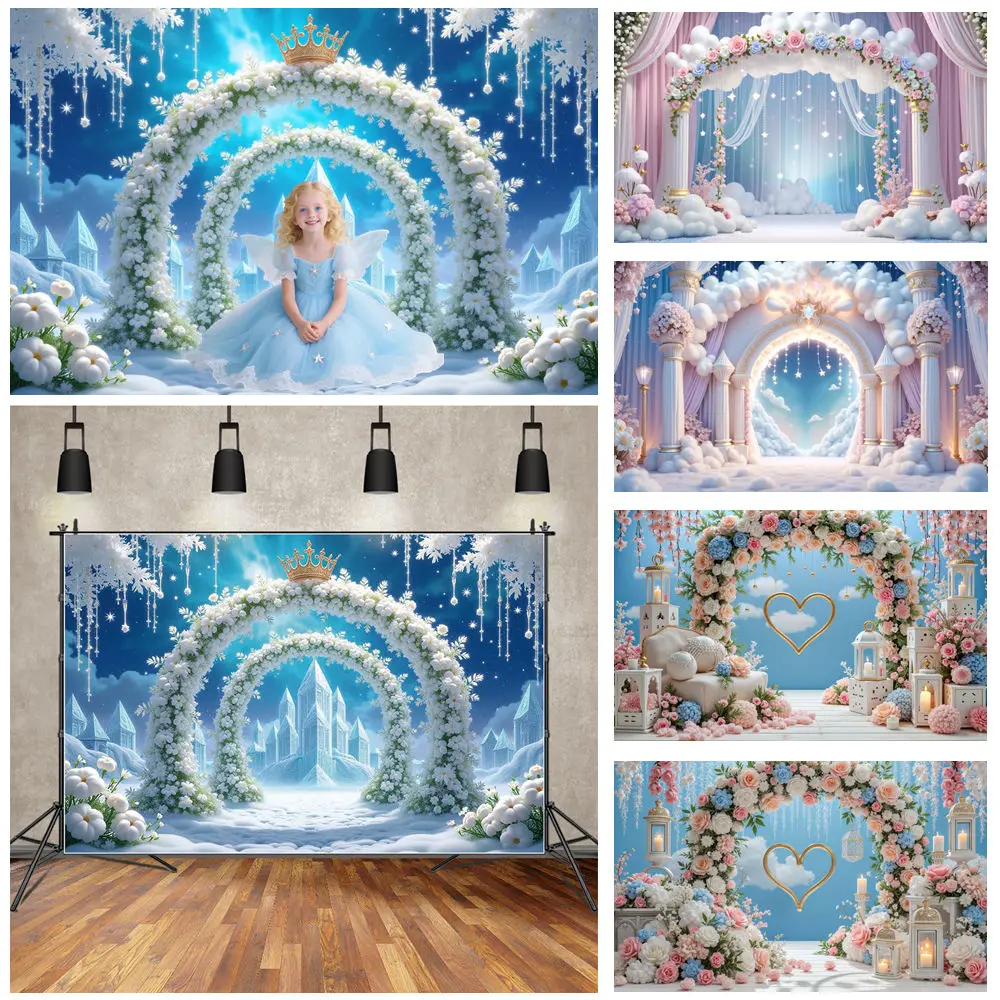 

MOON.QG Happy Birthday Decoration for Girls Backdrop Photography Flower Castle Arch Garden Photo Background Shooting Accessories
