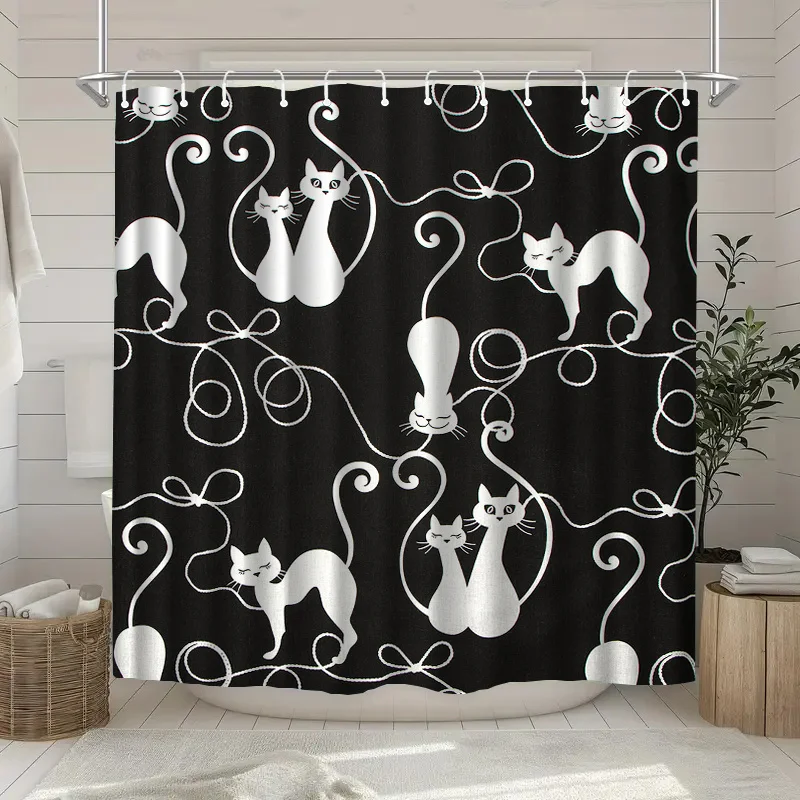 

1 шт. Занавеска для душа с милым рисунком котенка, из полиэстеровой ткани, можно стирать в машине, подходит для украшения ванной комнаты.