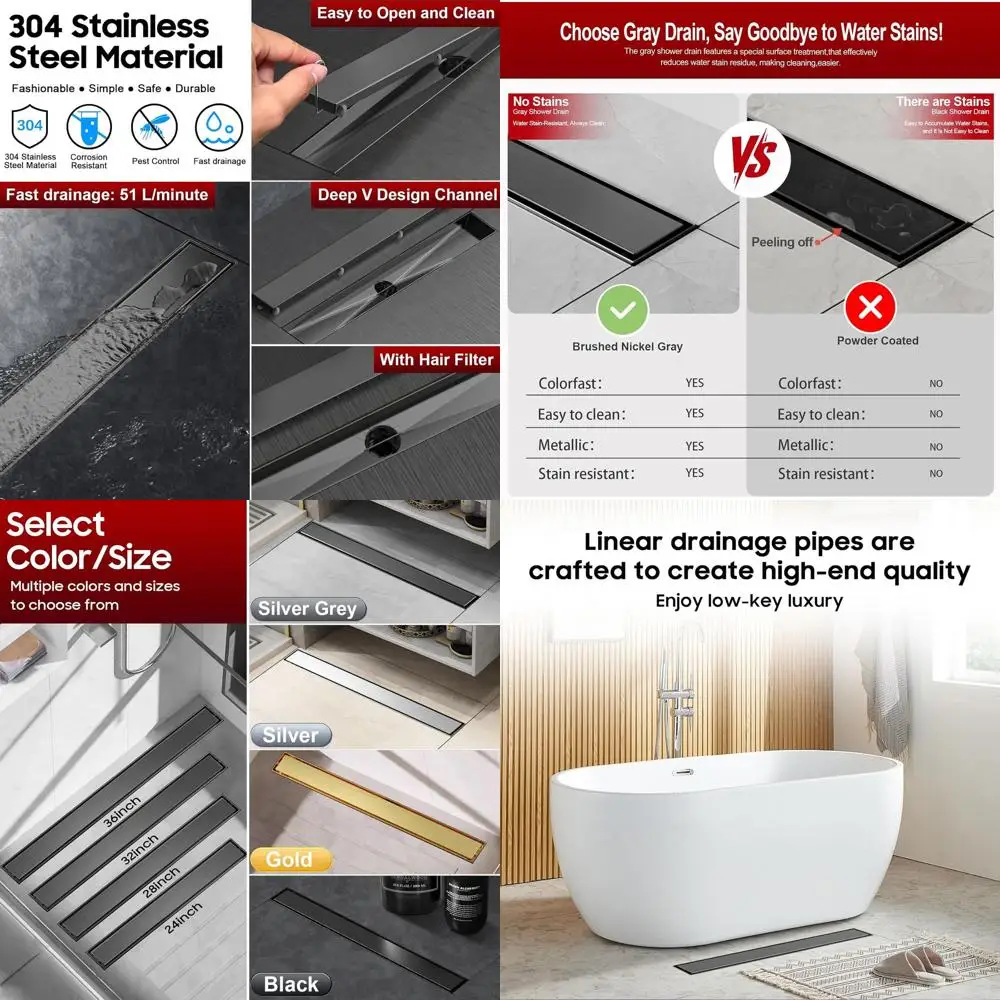 

28 Gunmetal Gray Linear Shower Drain with Tile Insert for Adjustable Height Installation in Bathrooms and Balconies