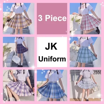 زي موحد من Jk مجموعة زي مدرسي للفتاة ، تنورة طالب مطوي ، أكمام قصيرة ، ربطة عنق على شكل قوس ، على الطريقة اليابانية