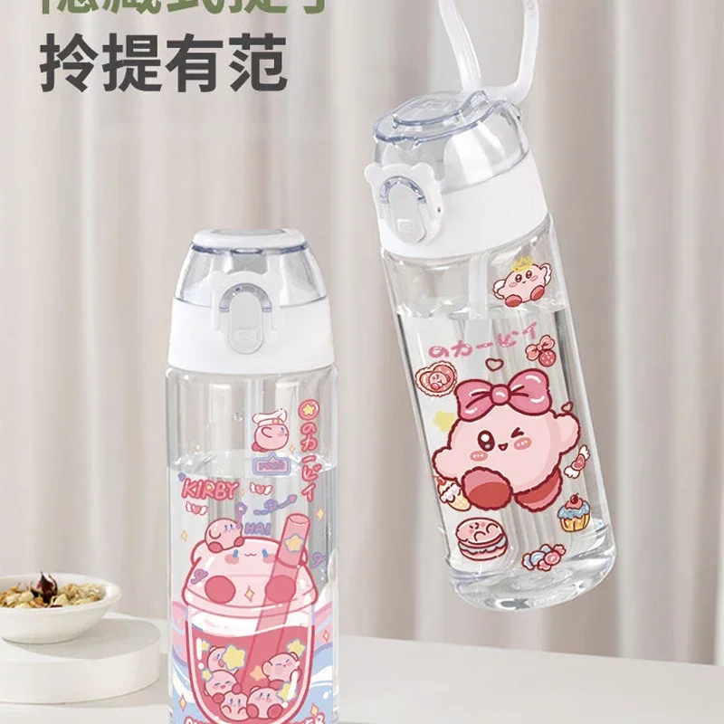 580ML Kirby Kids Water Sippy Cup Water Bottle with Straw Cartoon Plastic Cup Portable Drinking Bottle Cup Children Women Cups