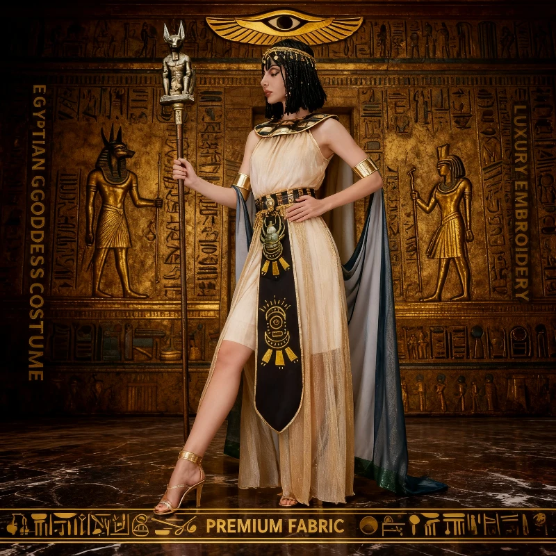 Costume de cléopâtre égyptien pour femmes, tenue de pharaon égyptien de qualité supérieure avec coiffure, robe de Cosplay élégante de déesse dorée