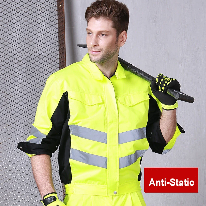 High Visibility Poly Cotton Workwear Suit Work Suit Two Tone Orange Anti Static Work Jacket Work Pants With Reflective Stripes