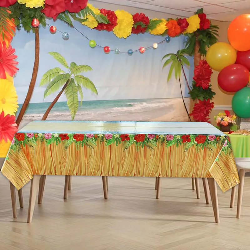 1pc Hawaiian Party Disposable Tablecloth, Wave Beach Hibiscus Surfboard Print, Summer Outdoor Holiday Gathering Decoration