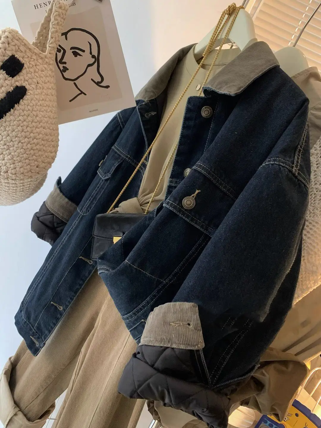 

Denim Coat Belt Fur Plush Womens Winter Slim-Fit Furry Buttoned Urban Social Gathering Minimalism Jackets Distressed Highstreet