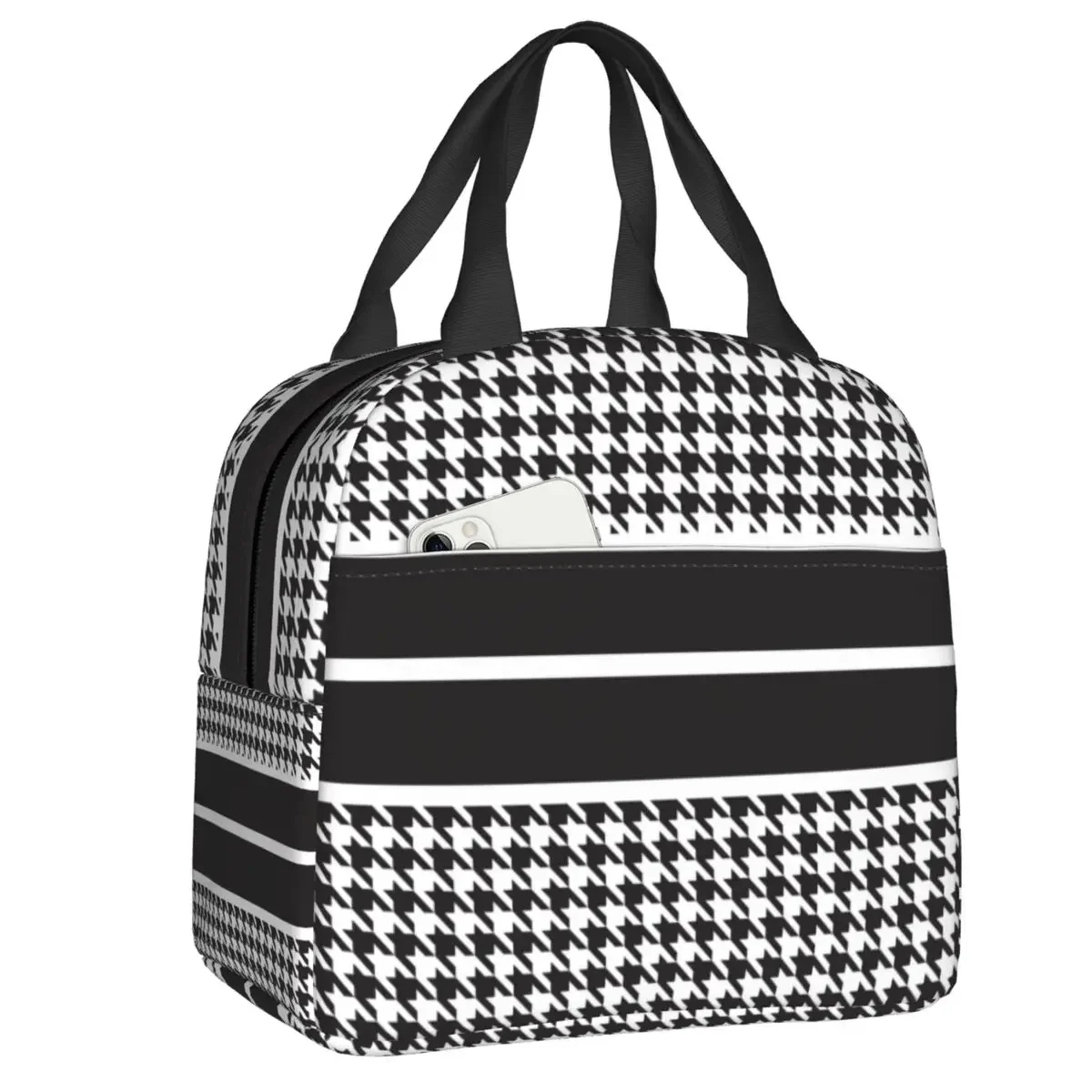 Houndstooth Patchwork Thermal Insulated Lunch Bag Hounds Tooth Check Resuable Lunch Container for School Multifunction Food Box