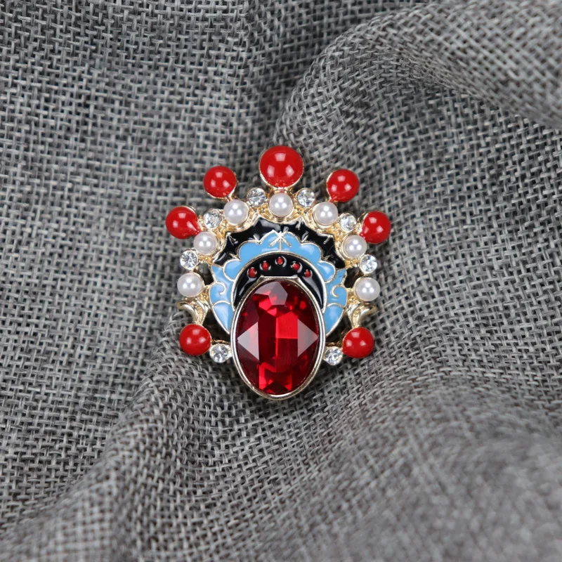 Chinese Style Traditional Culture Enamel Inlaid Imitation Pearls, Gemstones Dao Madan Opera Facial Makeup Decorative Brooch